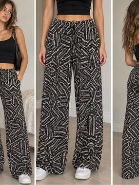 A.Fogarty Black & White Geometric Wide Leg Palazzo Pants XL